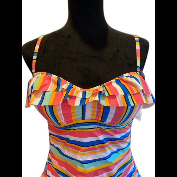 NEW Time and Tru Bikini Swimsuit Top ONLY Size Medium 8-10 Stripes Blue Pink - Picture 2 of 10